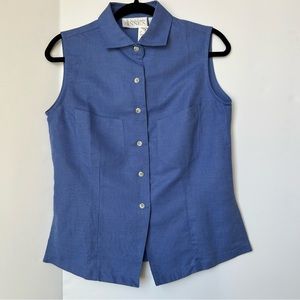 Casual Corner Blue Linen Sleeveless, Collar Button Down Shirt Blouse NWT Size M